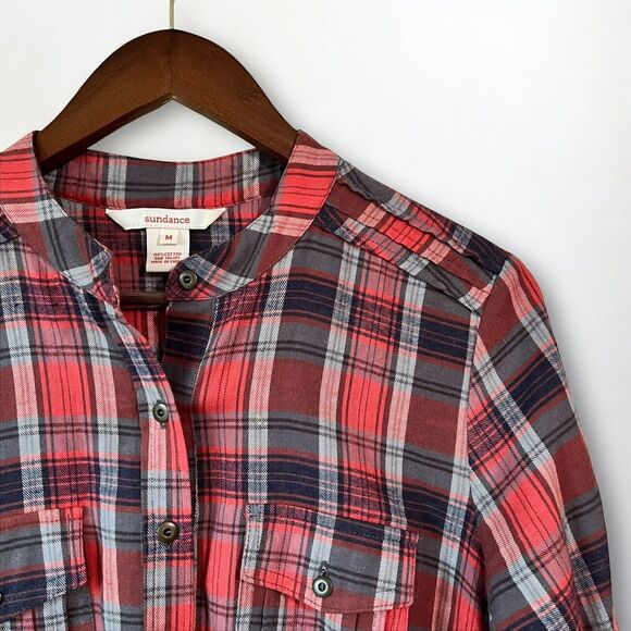 Sundance Red Plaid Flannel Long Sleeve Pull Over Half Button Women's Size Medium - Picture 3 of 10